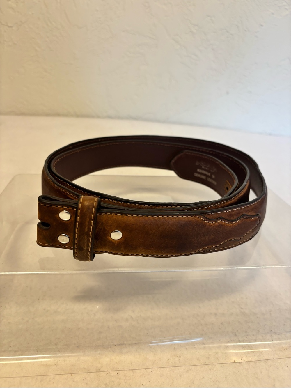 Nocona Genuine Leather Western Belt Brown Snap Buckle Tooled Trim size 56